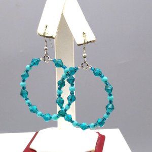 Vintage Beaded Dangling Hoop Earrings, Silver Tone and Teal